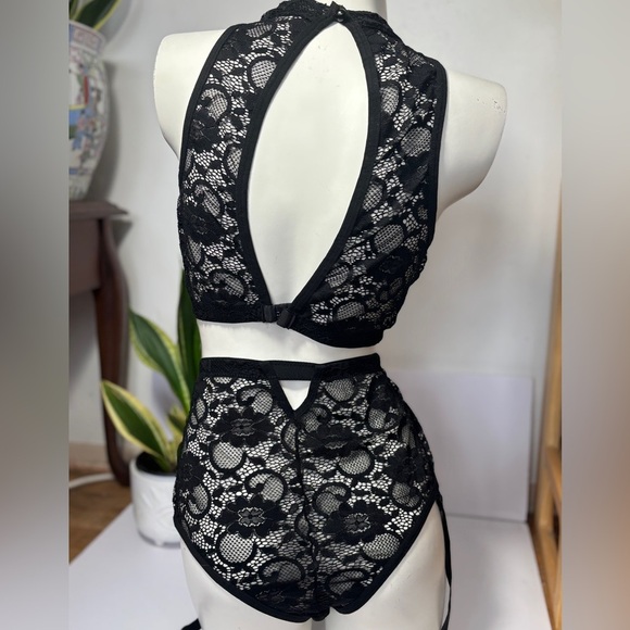 Black floral mesh lace Bra & Panty set moc turtleneck Lingerie Sexy Goth SZ 2X - Picture 2 of 4